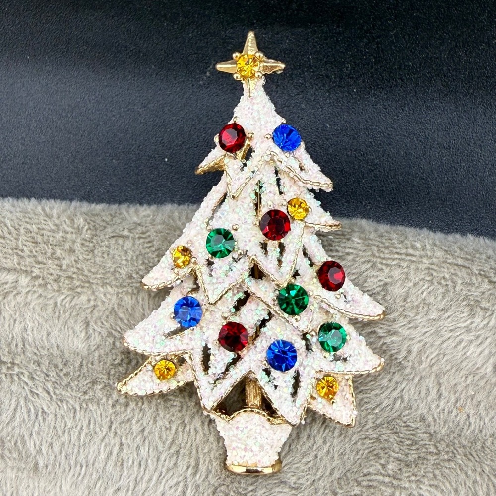 Vintage Eisenberg Ice Brooch Christmas Tree Flocked Gold Tone
